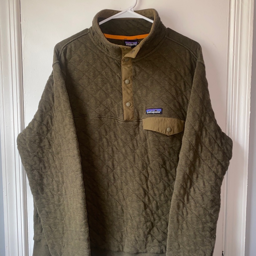 Patagonia Men's  L Snap T Pullover Olive Green Quilted Organic Cotton 1/4 Snap